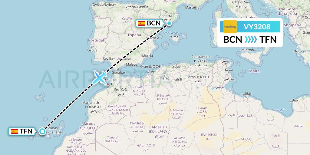 VY3208 Vueling Flight Map: Barcelona to Tenerife