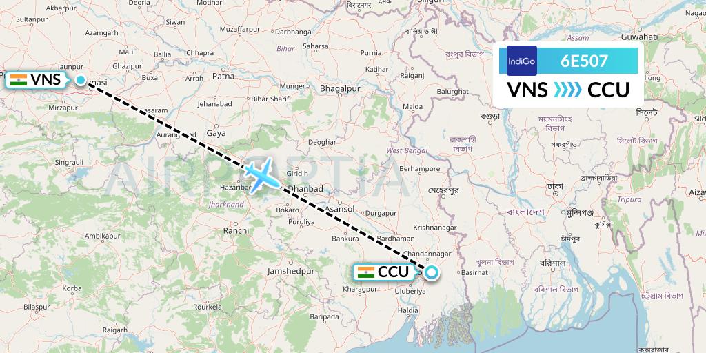 6E507 IndiGo Airlines Flight Map: Varanasi to Kolkata