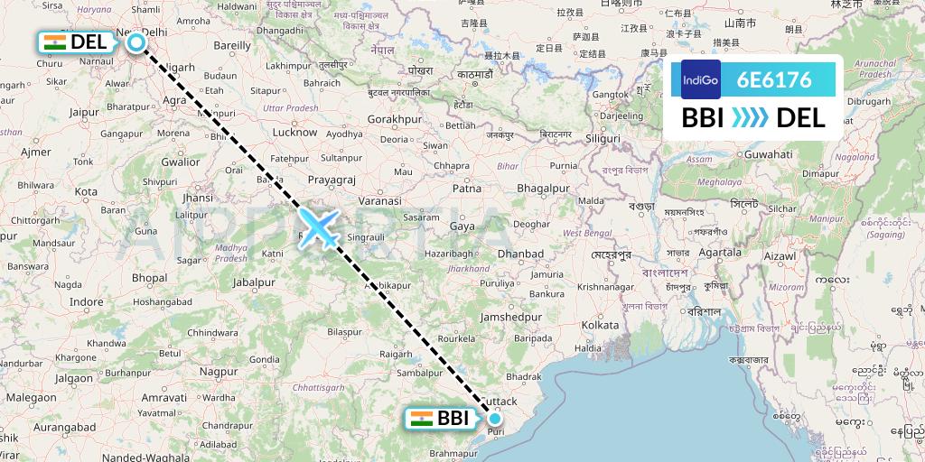 6E6176 IndiGo Airlines Flight Map: Bhubaneswar to Delhi
