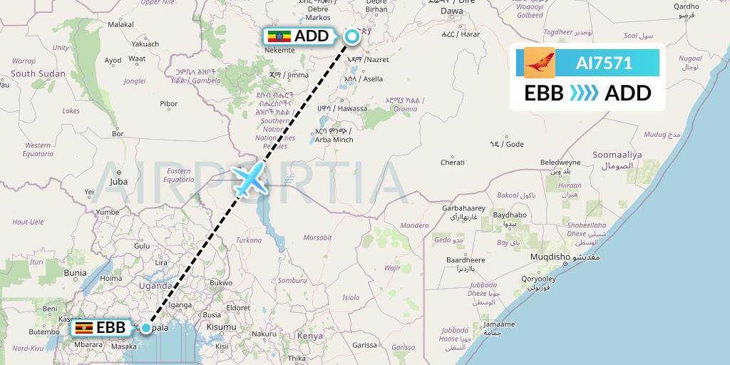 AI7571 Air India Flight Map: Entebbe to Addis Ababa