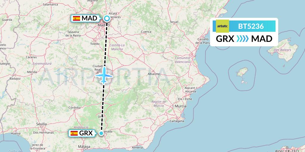 BT5236 Air Baltic Flight Map: Granada to Madrid