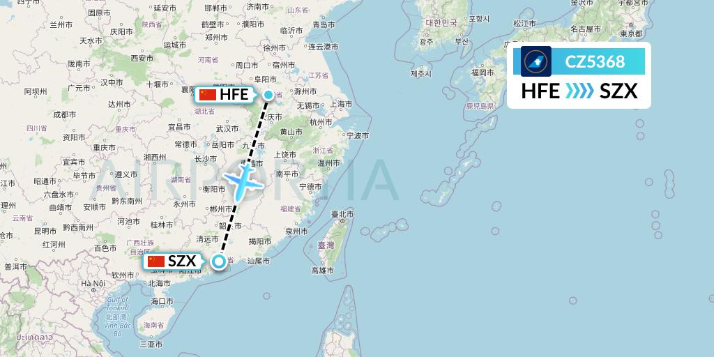 CZ5368 China Southern Airlines Flight Map: Hefei to Shenzhen