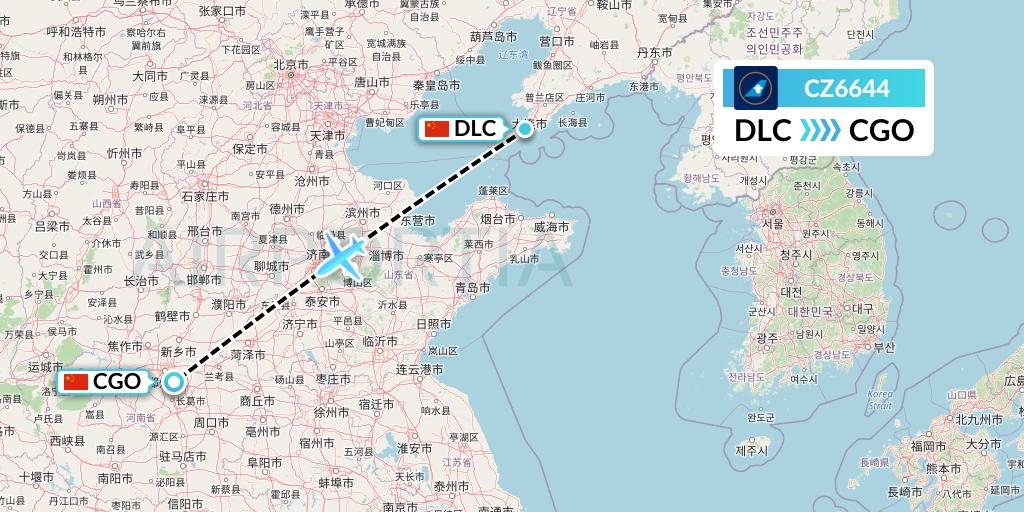 CZ6644 China Southern Airlines Flight Map: Dalian to Zhengzhou