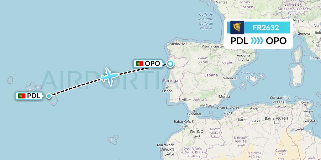 FR2632 Ryanair Flight Map: Ponta Delgada to Porto