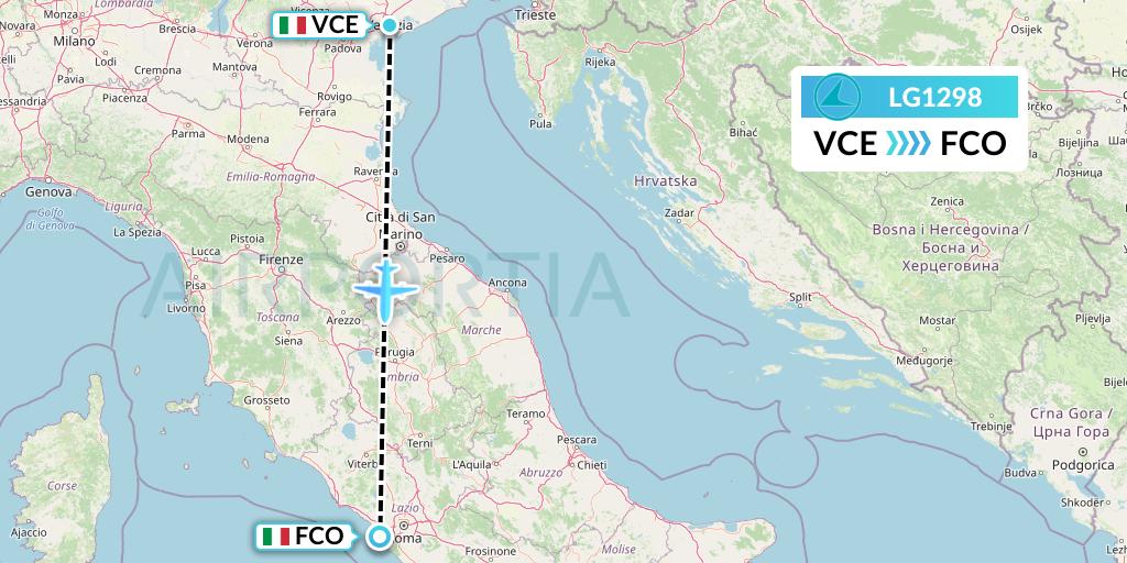 LG1298 Luxair Flight Map: Venice to Rome