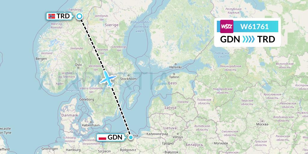 W61761 Wizz Air Flight Map: Gdansk to Trondheim