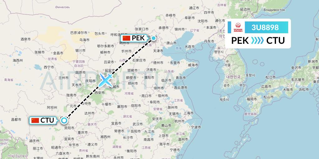 3U8898 Sichuan Airlines Flight Map: Beijing to Chengdu