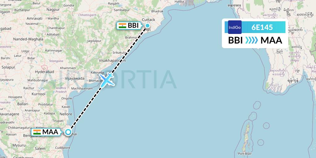 6E145 IndiGo Airlines Flight Map: Bhubaneswar to Chennai