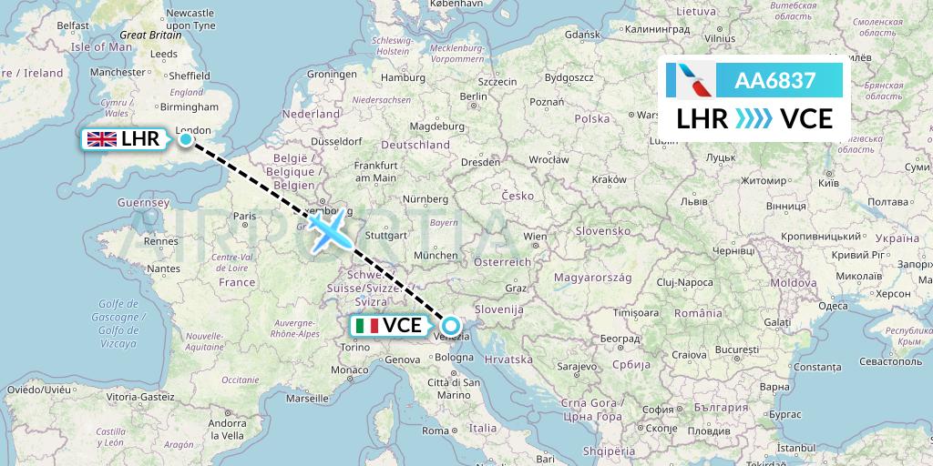 AA6837 American Airlines Flight Map: London to Venice