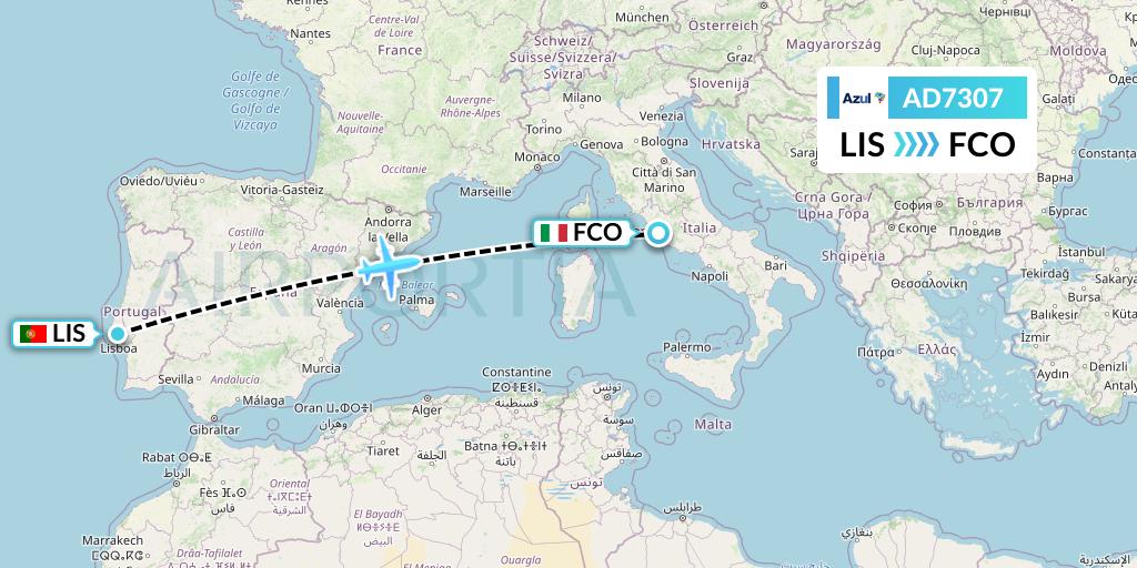 AD7307 Azul Brazilian Airlines Flight Map: Lisbon to Rome