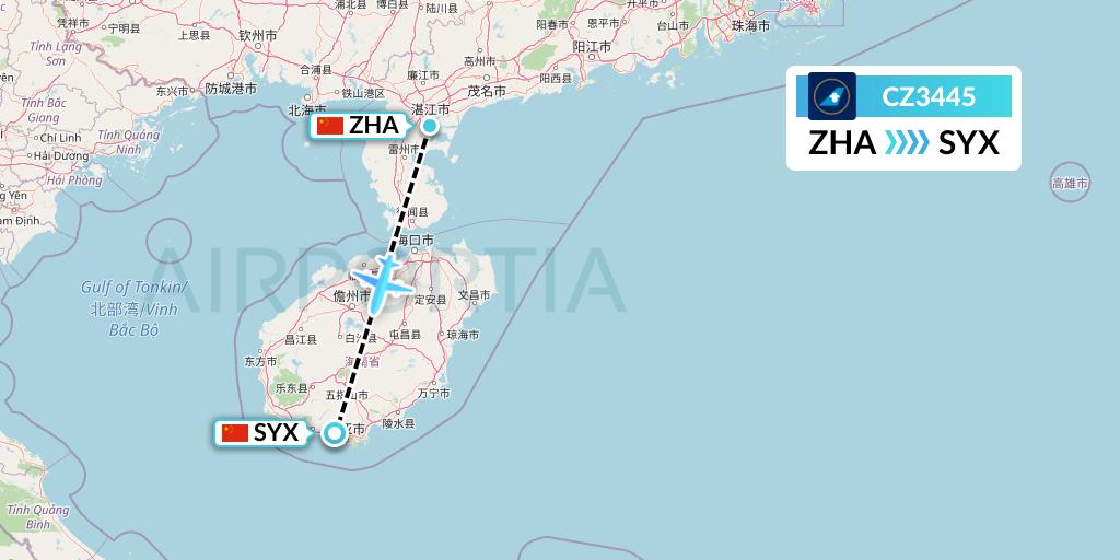CZ3445 China Southern Airlines Flight Map: Zhanjiang to Sanya