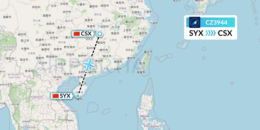 CZ3944 China Southern Airlines Flight Map: Sanya to Changsha