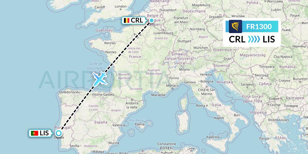 FR1300 Ryanair Flight Map: Brussels to Lisbon