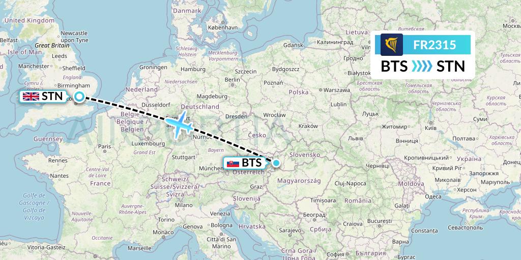 FR2315 Ryanair Flight Map: Bratislava to London