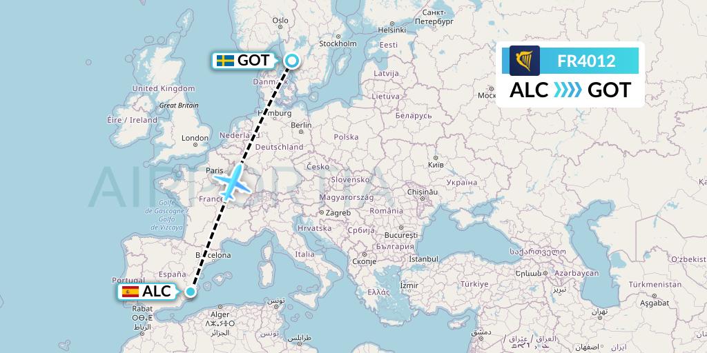 FR4012 Ryanair Flight Map: Alicante to Gothenburg