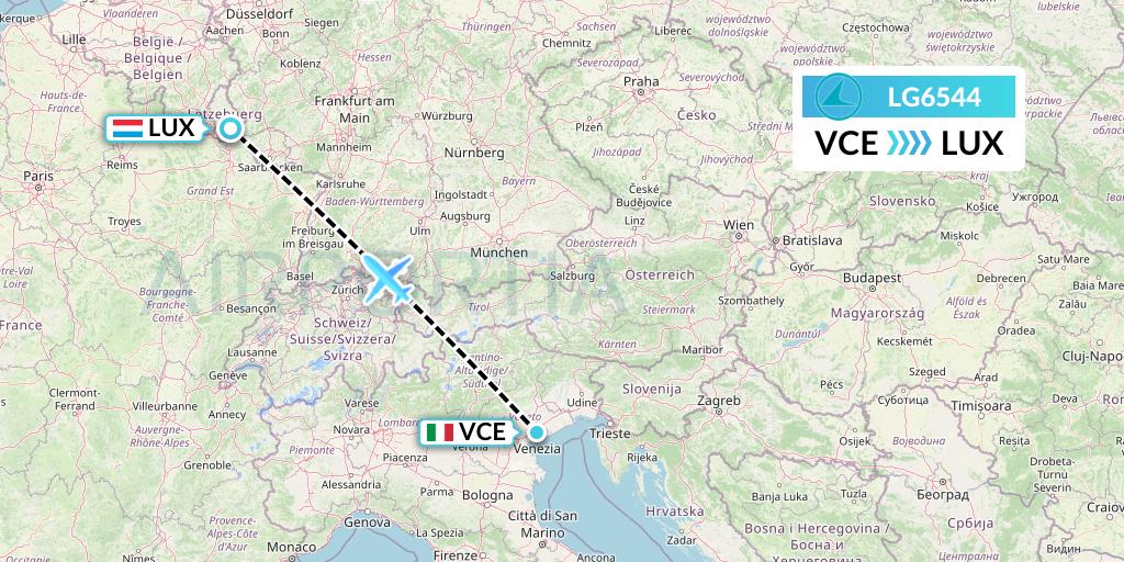 LG6544 Luxair Flight Map: Venice to Luxembourg