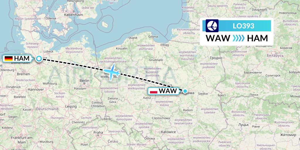 LO393 LOT Flight Map: Warsaw to Hamburg