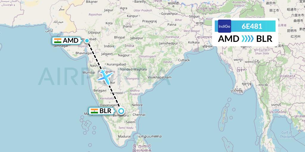 6E481 IndiGo Airlines Flight Map: Ahmedabad to Bangalore