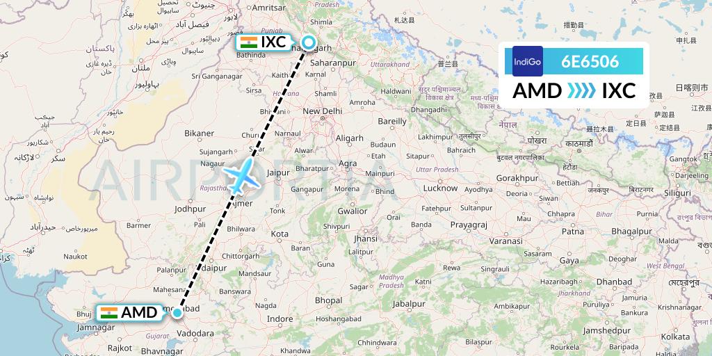 6E6506 IndiGo Airlines Flight Map: Ahmedabad to Chandigarh