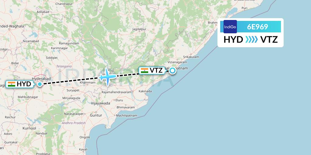 6E969 IndiGo Airlines Flight Map: Hyderabad to Visakhapatnam