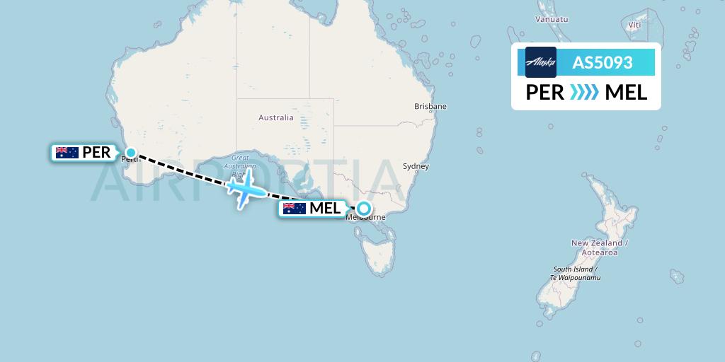 AS5093 Alaska Airlines Flight Map: Perth to Melbourne