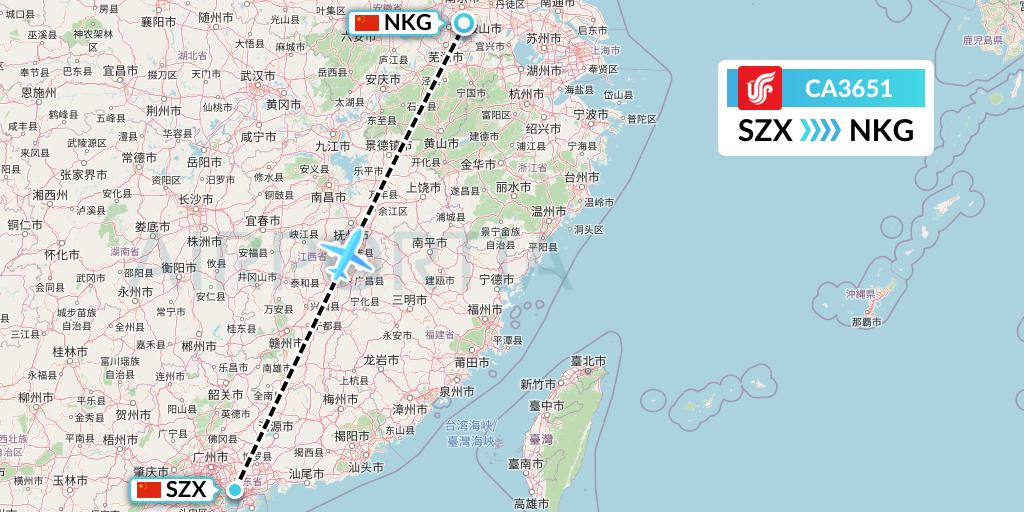CA3651 Air China Flight Map: Shenzhen to Nanjing