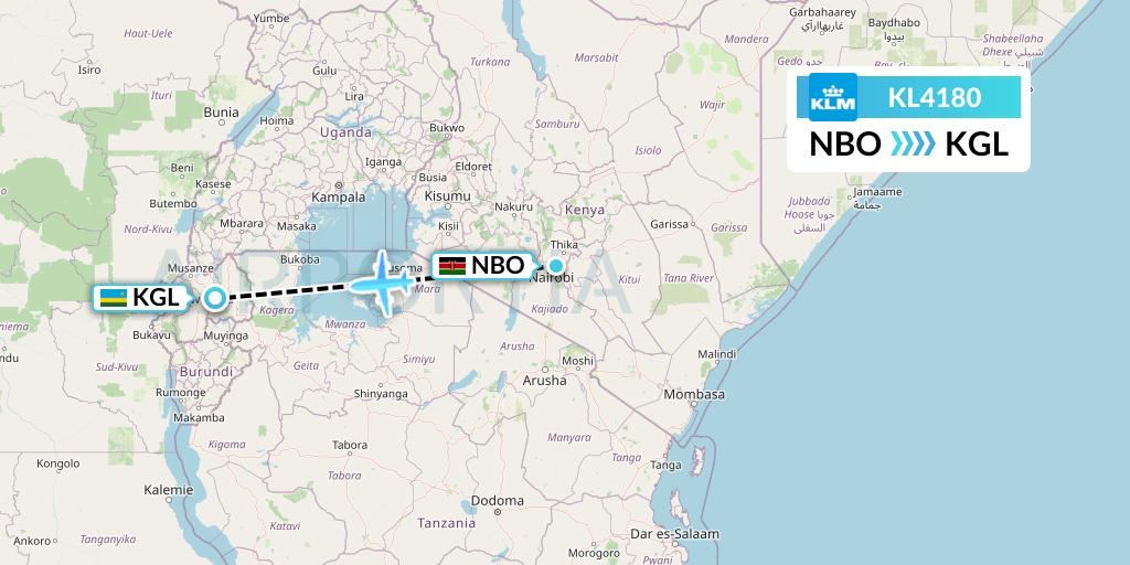 KL4180 KLM Flight Map: Nairobi to Kigali