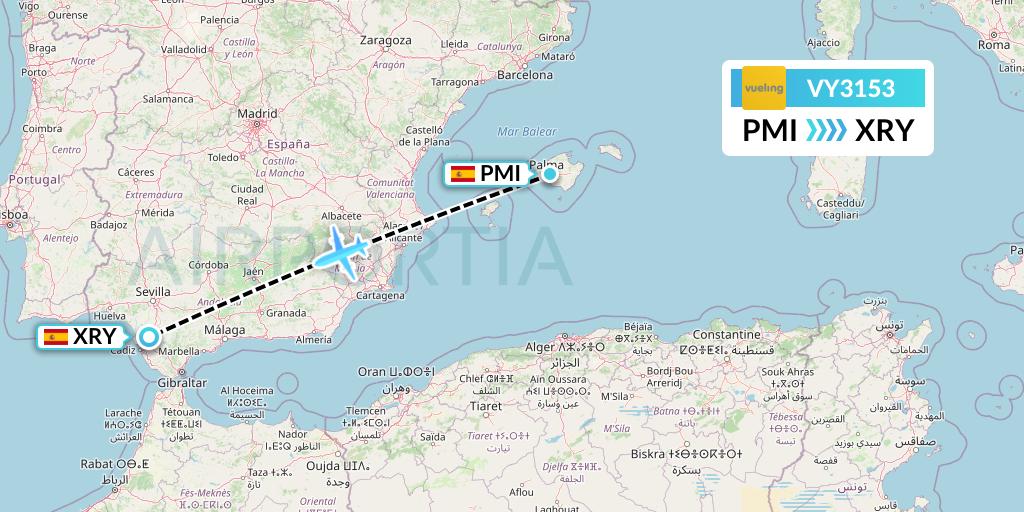 VY3153 Vueling Flight Map: Palma de Mallorca to Jerez