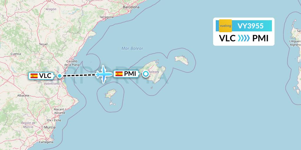 VY3955 Vueling Flight Map: Valencia to Palma de Mallorca