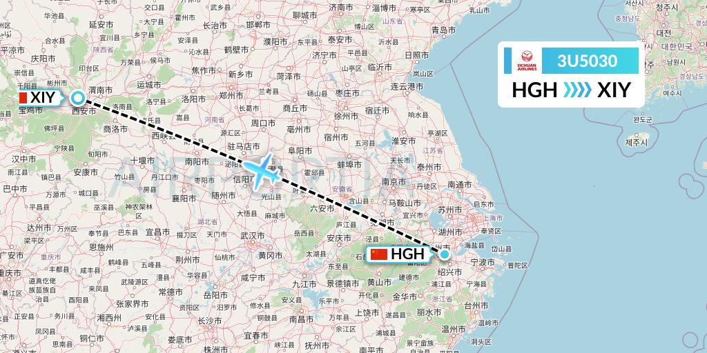 3U5030 Sichuan Airlines Flight Map: Hangzhou to Xi'an