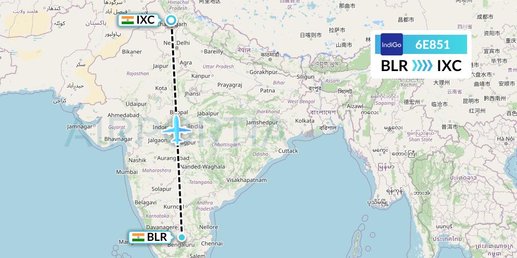 6E851 IndiGo Airlines Flight Map: Bangalore to Chandigarh