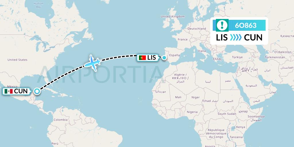 6O863 Orbest Flight Map: Lisbon to Cancun