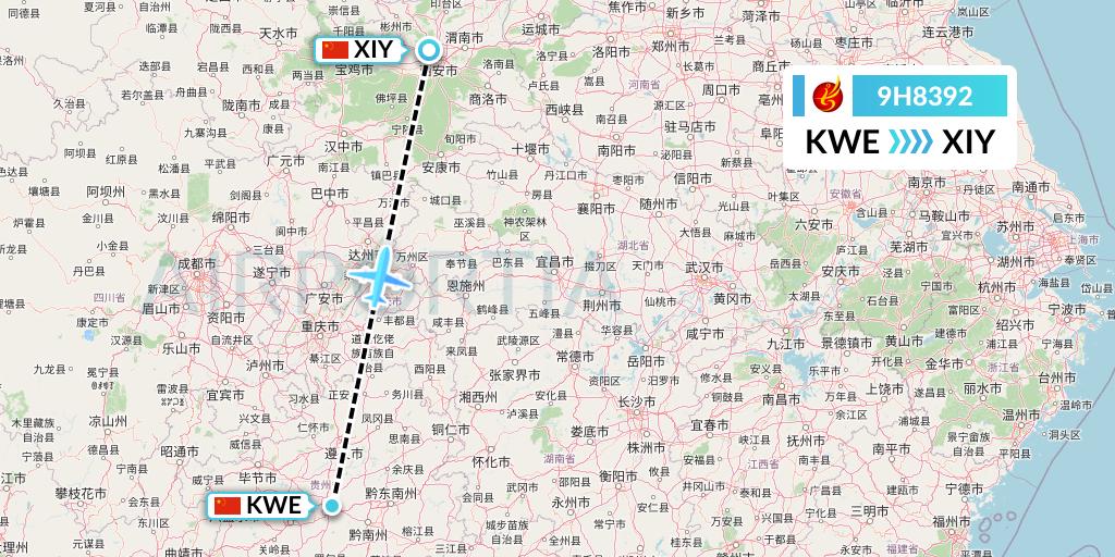 9H8392 Air Changan Flight Map: Guiyang to Xi'an