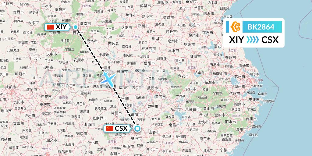 BK2864 Okay Airways Flight Map: Xi'an to Changsha
