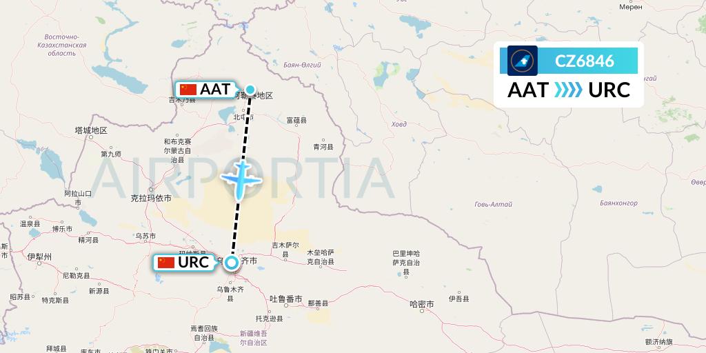 CZ6846 China Southern Airlines Flight Map: Altay to Urumqi