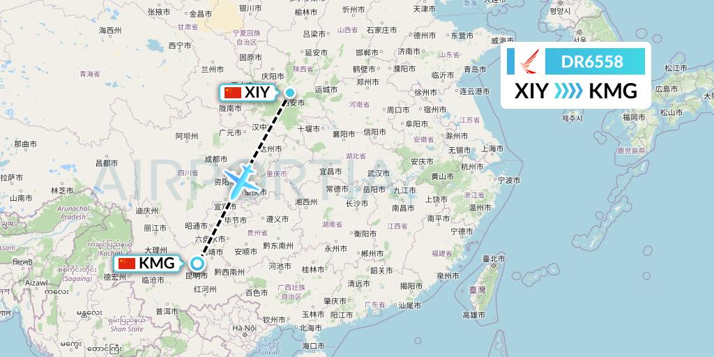 DR6558 Ruili Airlines Flight Map: Xi'an to Kunming