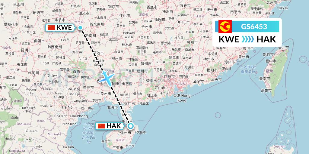 GS6453 Tianjin Airlines Flight Map: Guiyang to Haikou