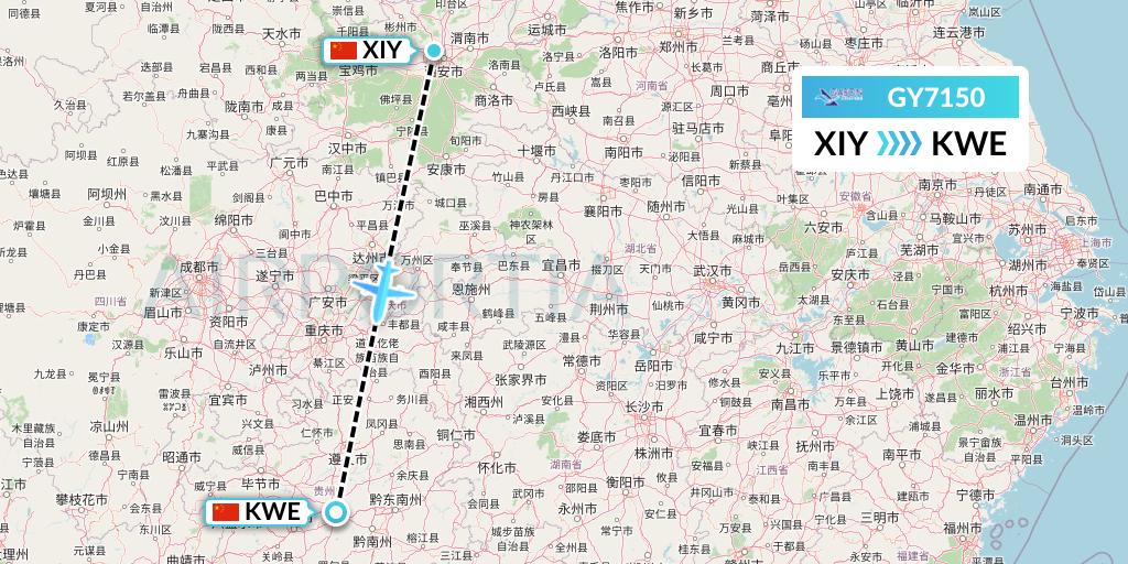 GY7150 Colorful GuiZhou Airlines Flight Map: Xi'an to Guiyang