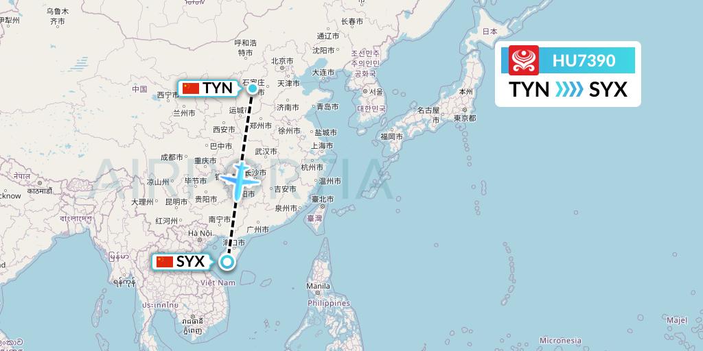 HU7390 Hainan Airlines Flight Map: Taiyuan to Sanya