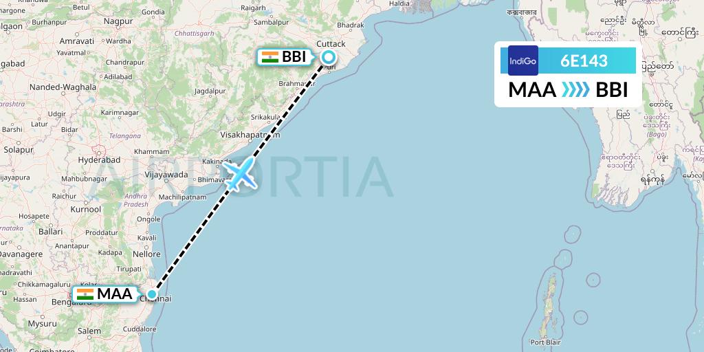 6E143 IndiGo Airlines Flight Map: Chennai to Bhubaneswar
