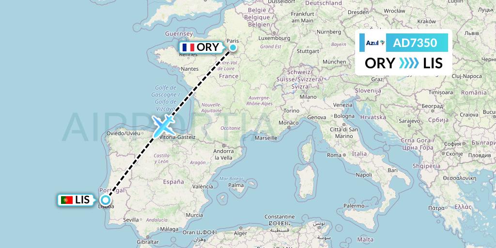 AD7350 Azul Brazilian Airlines Flight Map: Paris to Lisbon