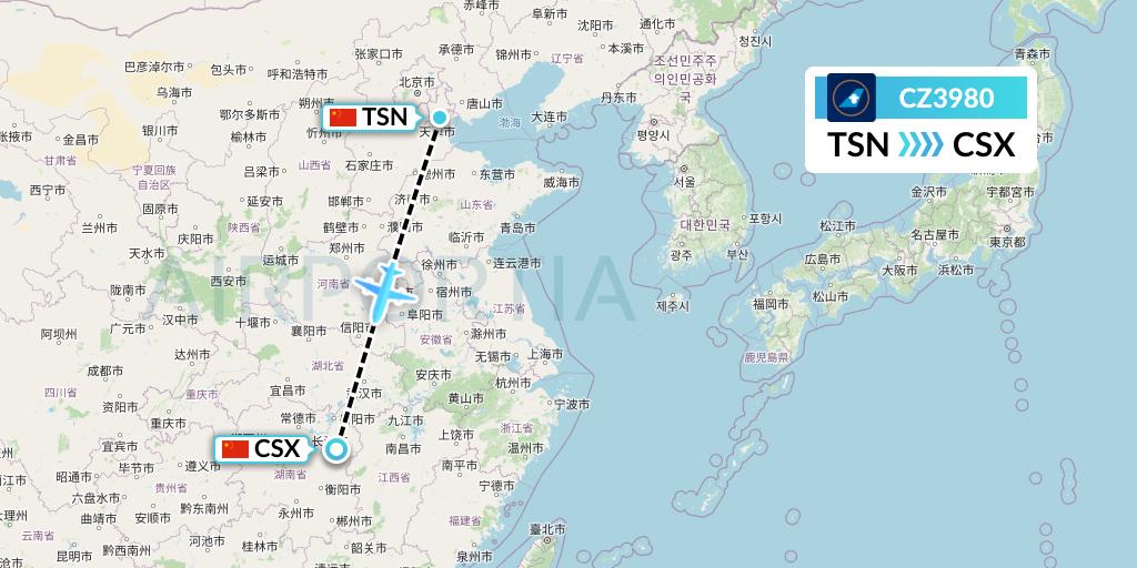 CZ3980 China Southern Airlines Flight Map: Tianjin to Changsha