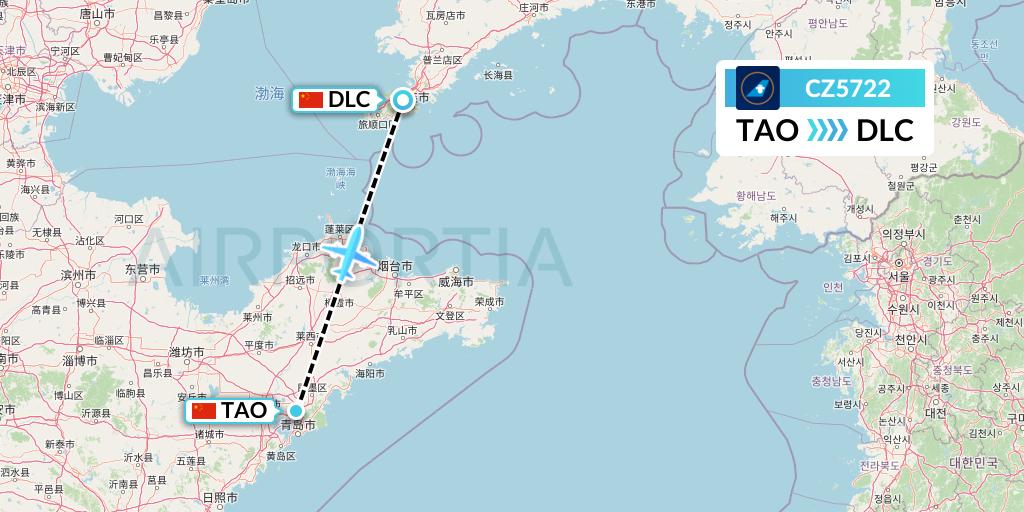 CZ5722 China Southern Airlines Flight Map: Qingdao to Dalian