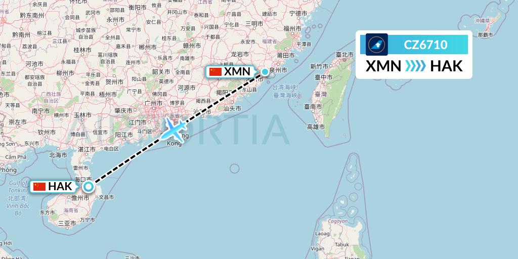 CZ6710 China Southern Airlines Flight Map: Xiamen to Haikou