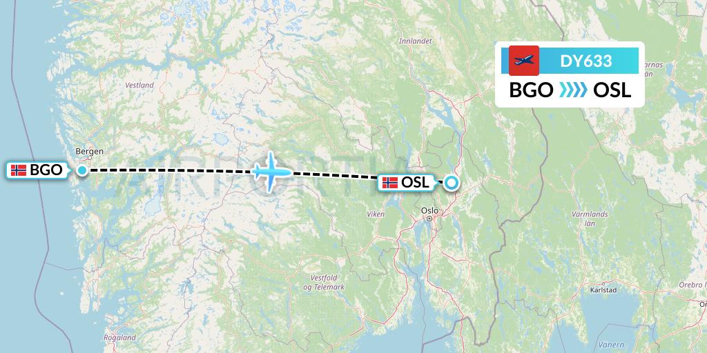 DY633 Norwegian Flight Map: Bergen to Oslo