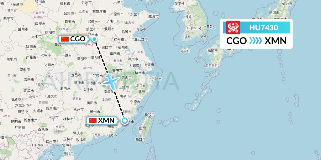 HU7430 Hainan Airlines Flight Map: Zhengzhou to Xiamen
