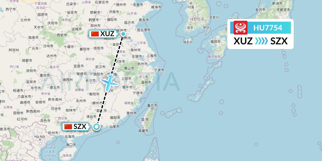 HU7754 Hainan Airlines Flight Map: Xuzhou to Shenzhen