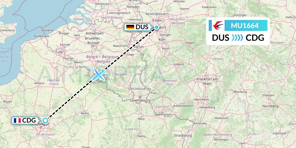 MU1664 China Eastern Airlines Flight Map: Dusseldorf to Paris