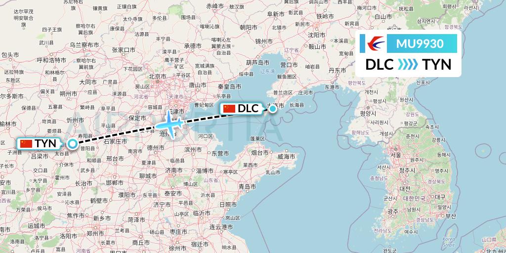MU9930 China Eastern Airlines Flight Map: Dalian to Taiyuan