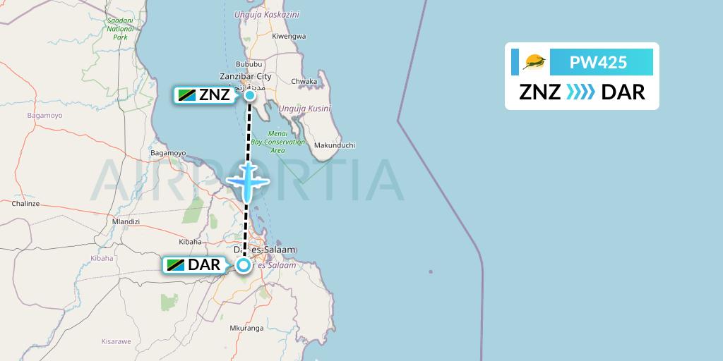 PW425 Precision Air Flight Map: Zanzibar to Dar-es-Salaam